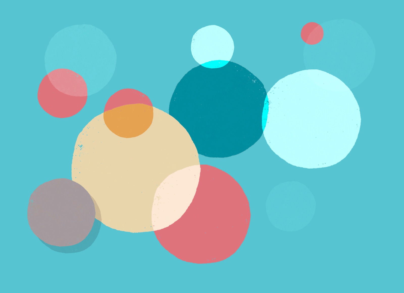 Screenprint of translucent circles in coral, ochre and pale blue on turquoise.