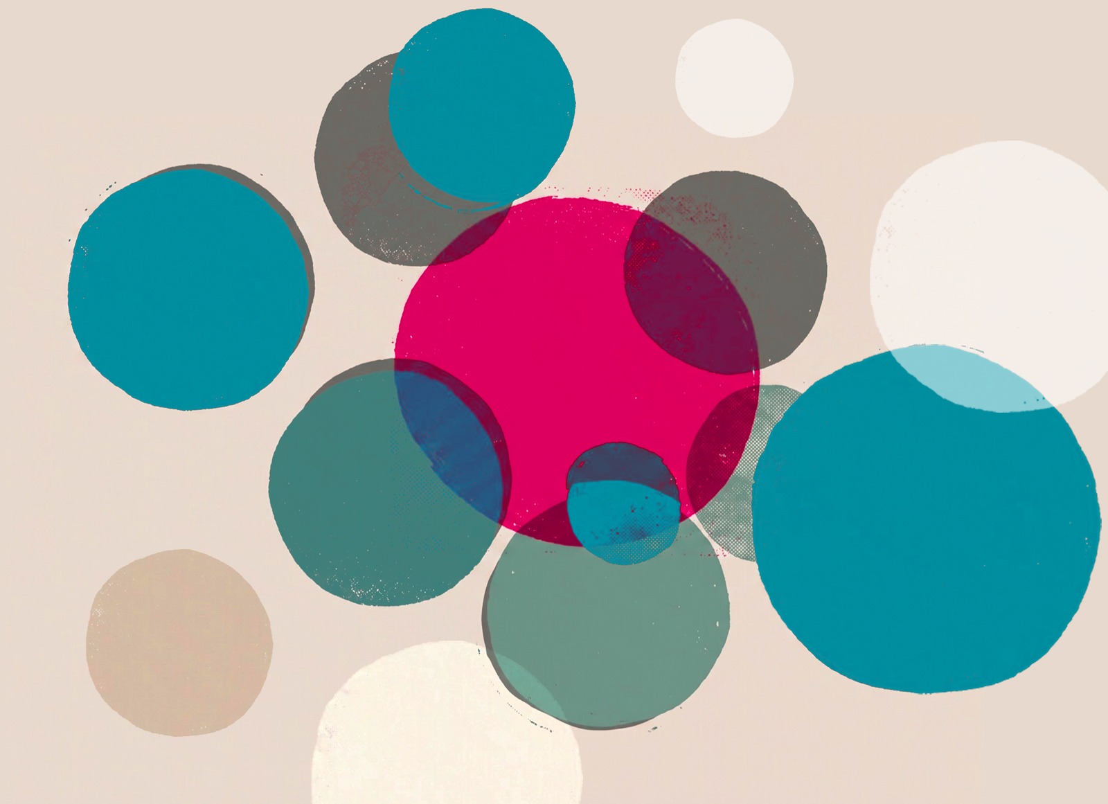 Screenprint of overlapping circles in teal, grey-green and magenta.