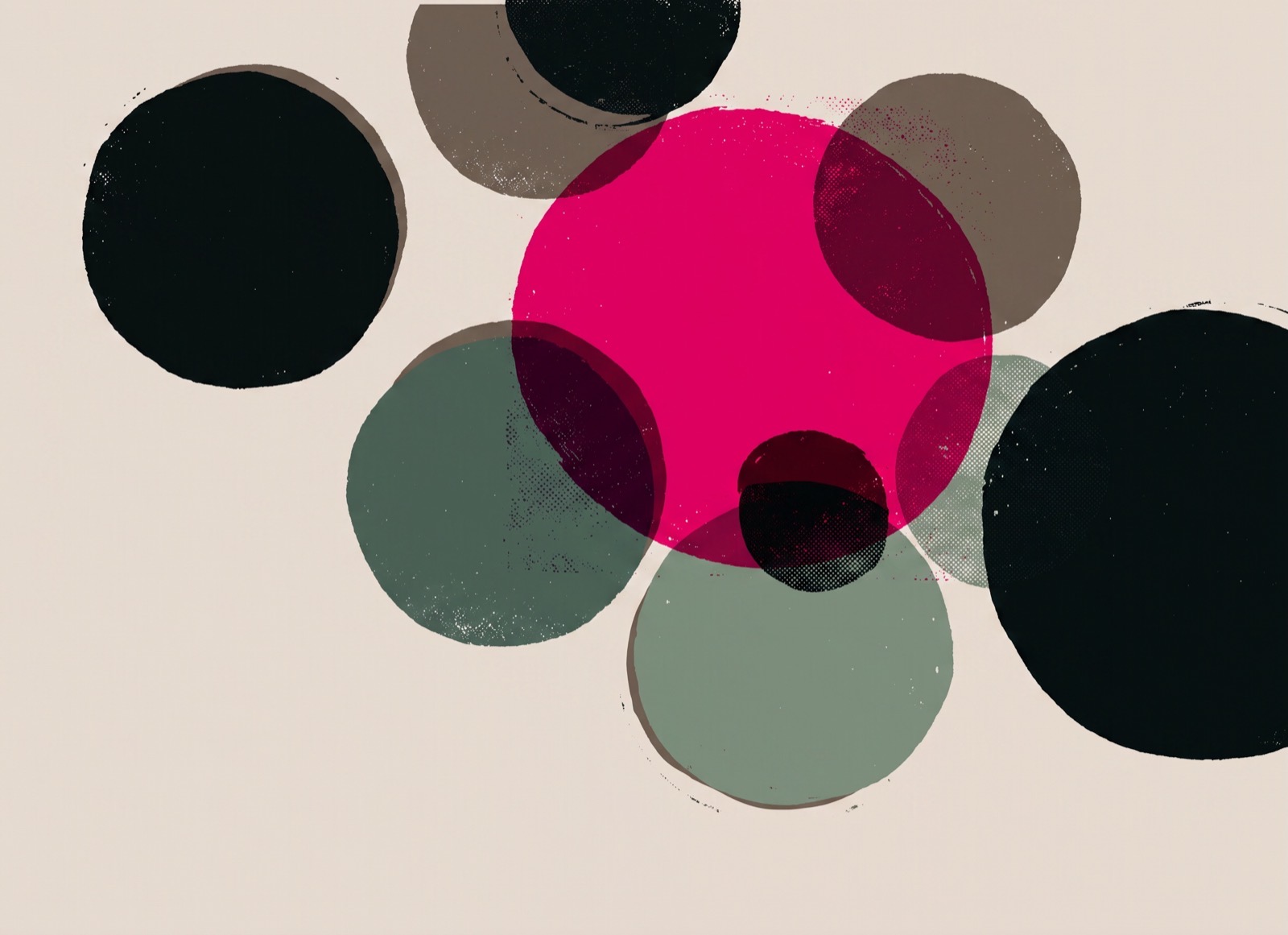 Overlapping translucent screenprinted circles in near-black, sage green, warm taupe, and magenta on warm off-white paper.